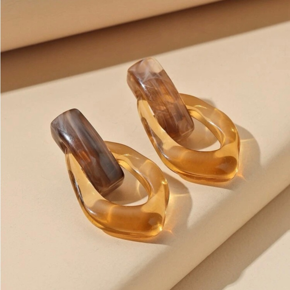 Coffee brown acrylic geometric shaped drop earrings